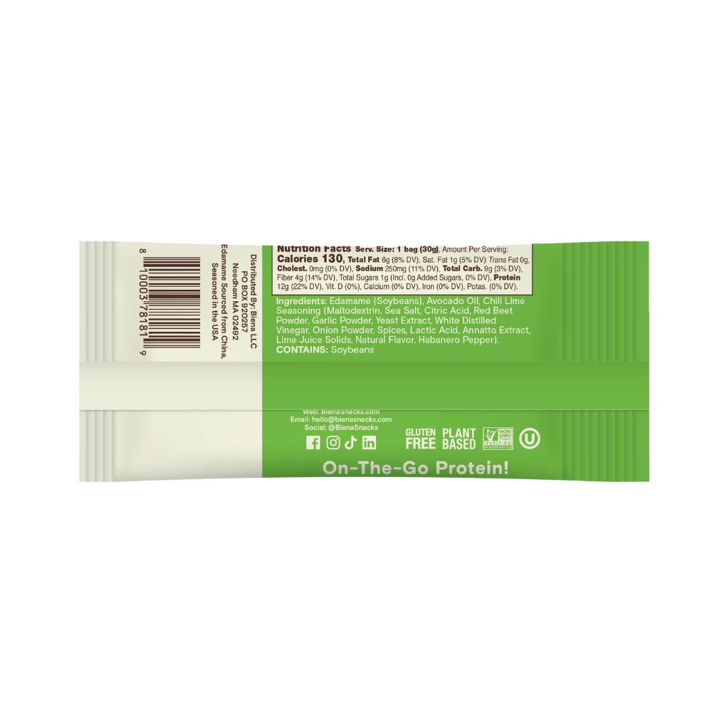 Biena Chili Lime Edamame 1.05oz Back of Bag