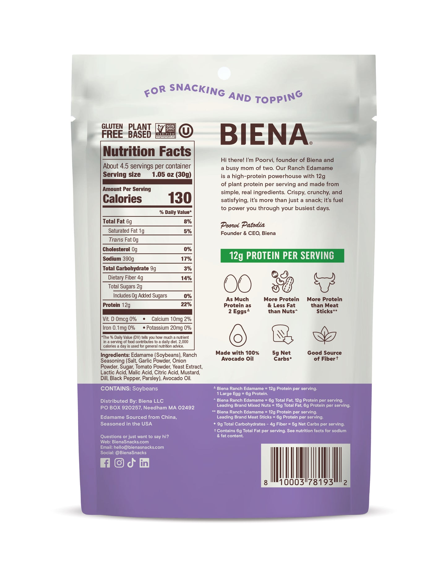 Back of Biena Edamame Ranch 4.75oz showing nutrition facts and ingredients