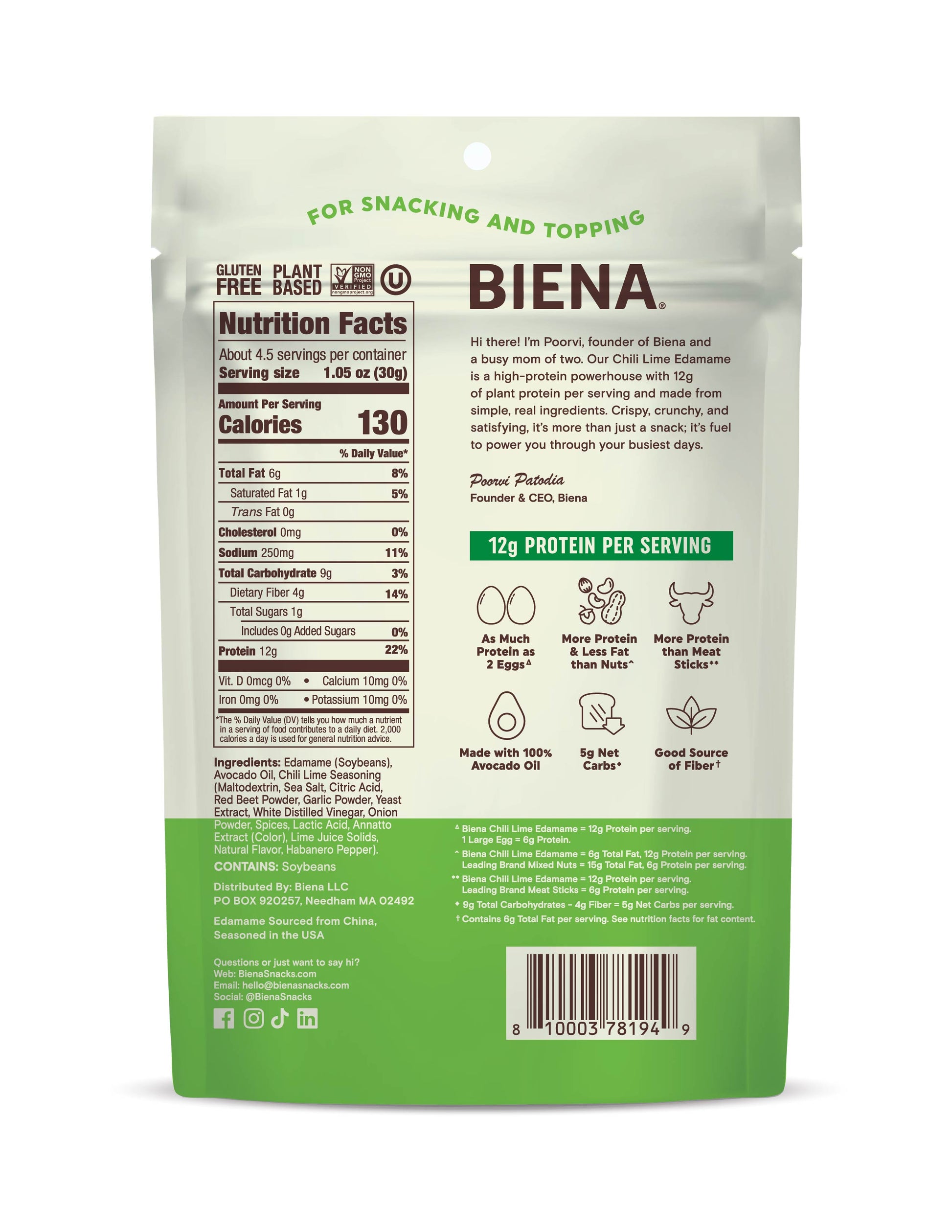 Picture of back of Biena Chili Lime Edamame bag
