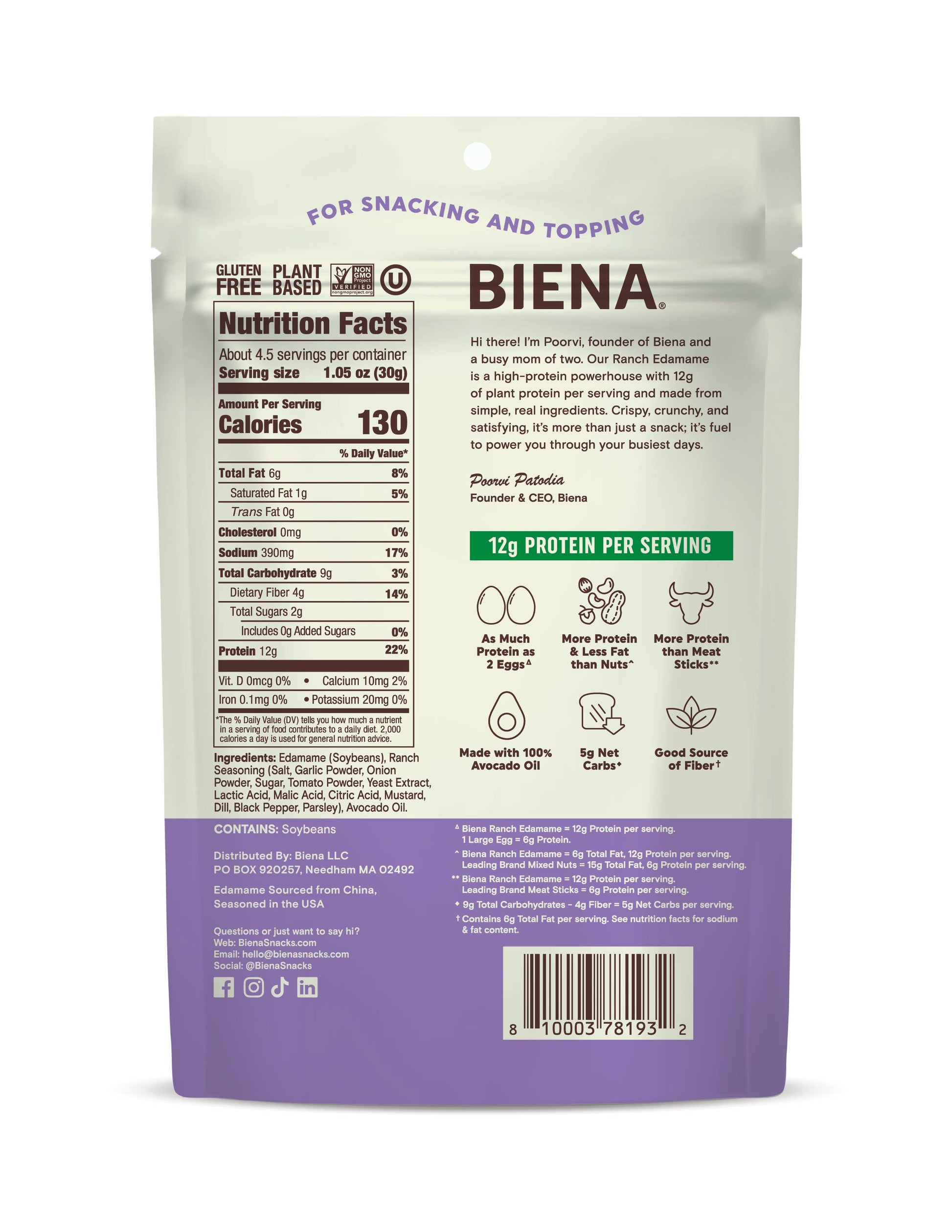 Picture of back of Biena Ranch Edamame bag