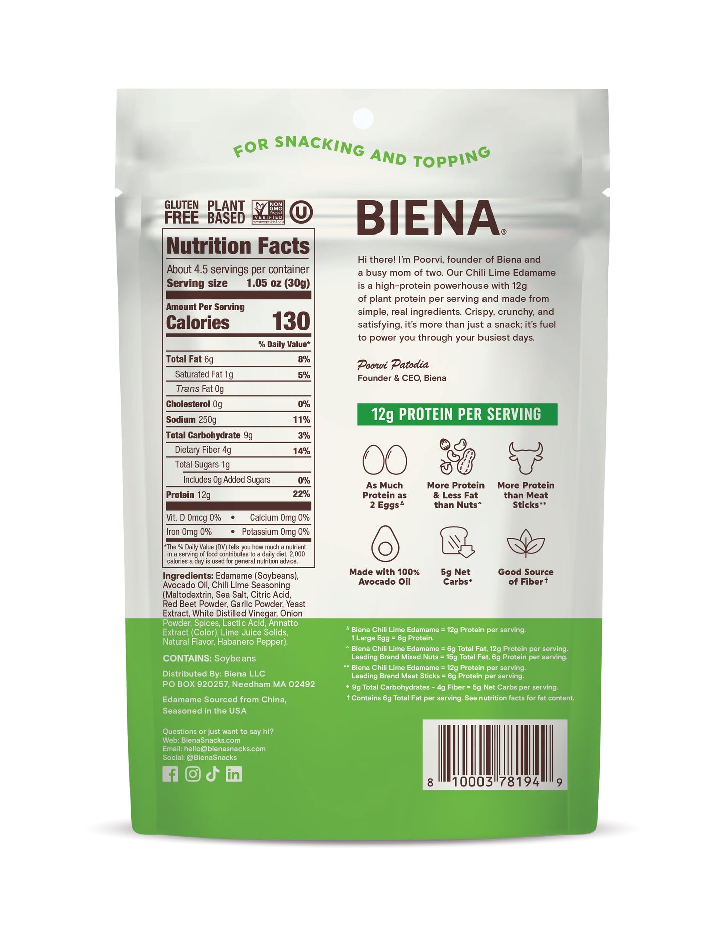 Back of Biena Edamame Chili Lime 4.75oz showing nutrition facts and ingredients