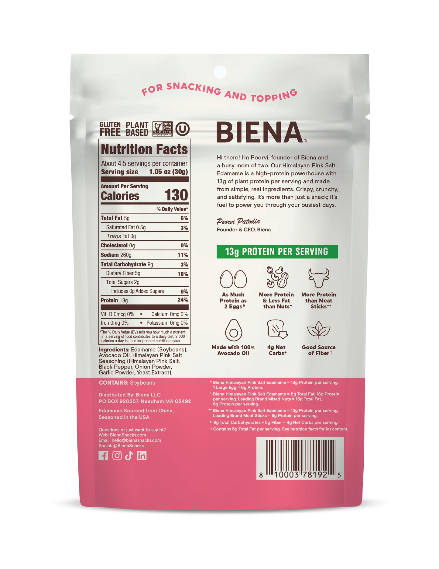 Back of Biena Edamame Himalayan Pink Salt 4.75oz showing nutrition facts and ingredients