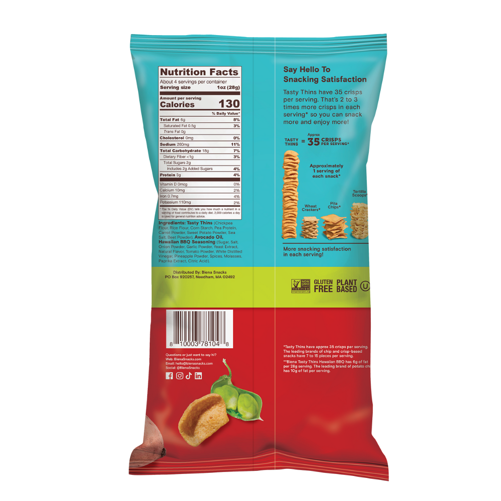 Back of package of Bienia veggie crisps Hawaiian BBQ on a white background.