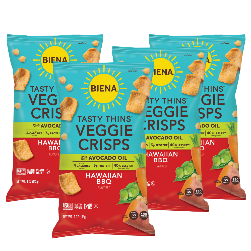Four packages of Bienia veggie crisps Hawaiian BBQ on a white background.
