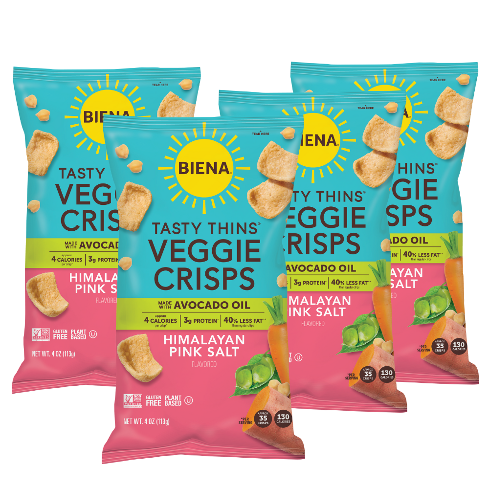 Four packages of Bienia veggie crisps with different flavor options on a white background.