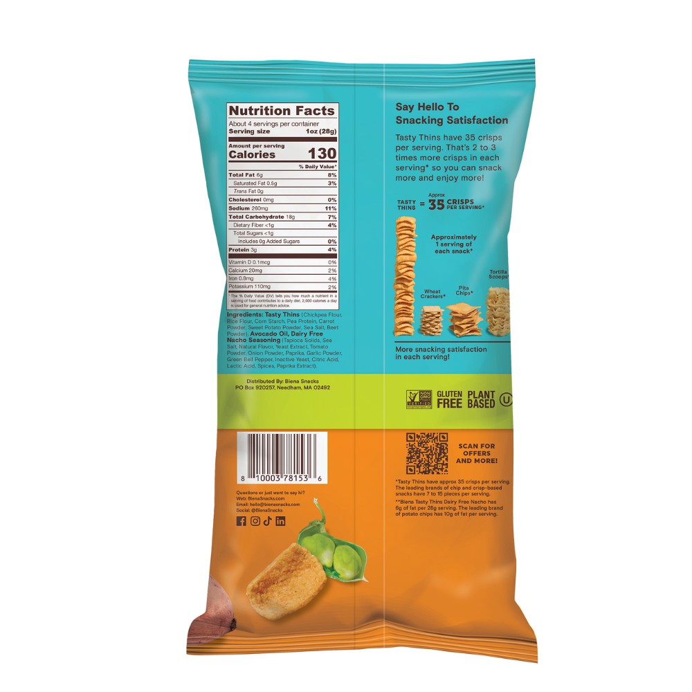 Back view of Biena Nacho Veggie Crisps package with nutritional information and branding details.