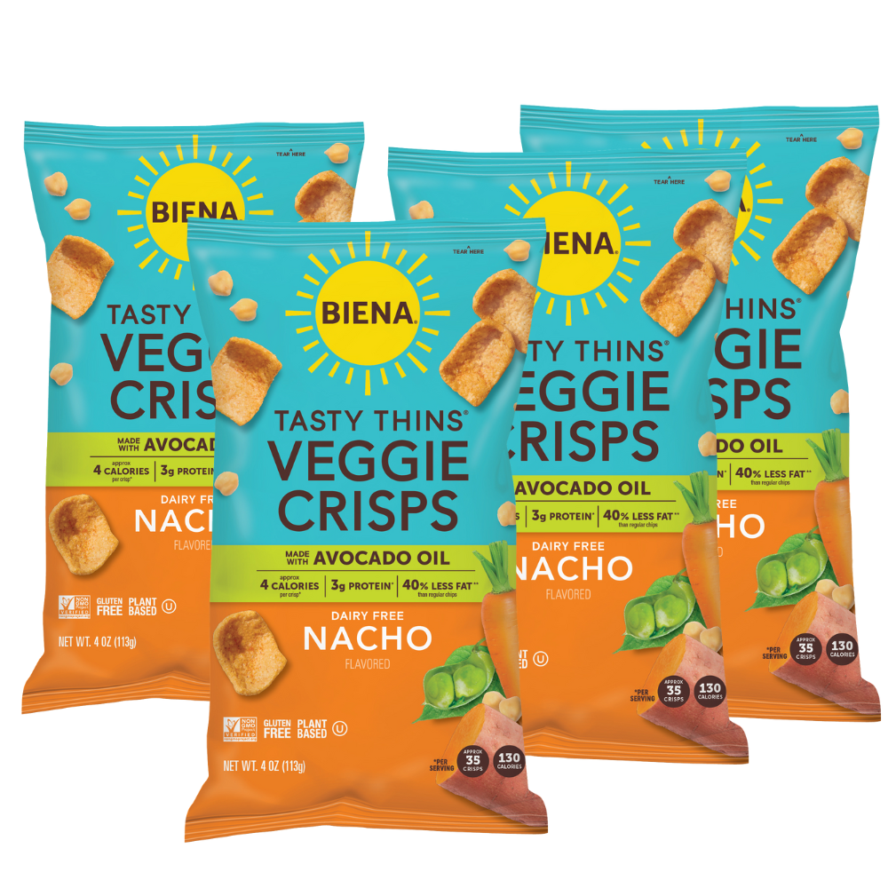 Four packages of Biena Nacho veggie crisps on a white background