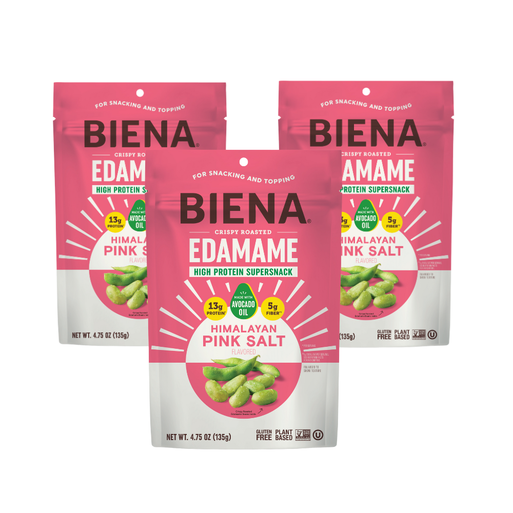 Image of front of bag for Biena Edamame Himalayan Pink Salt flavor 4.75oz 3 count pack