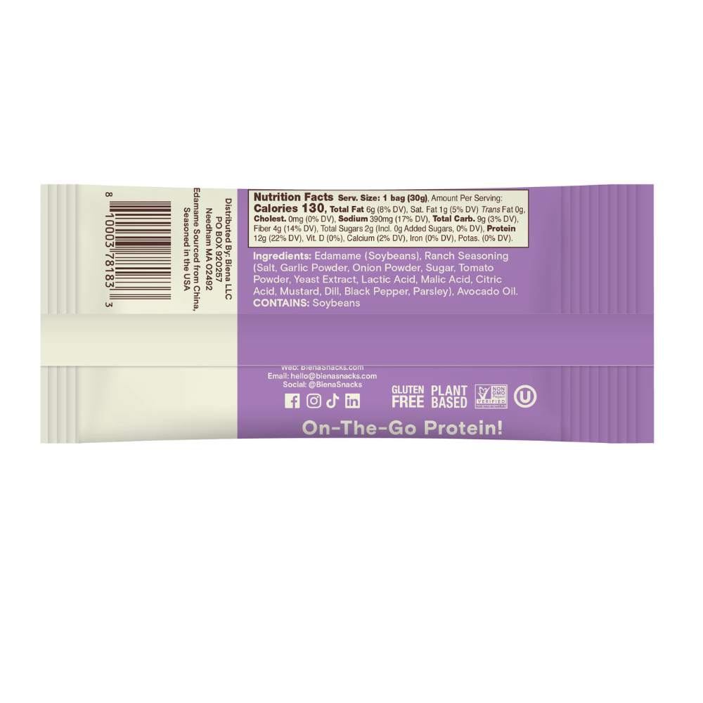 Biena Edamame Ranch 1.05oz Back of Bag
