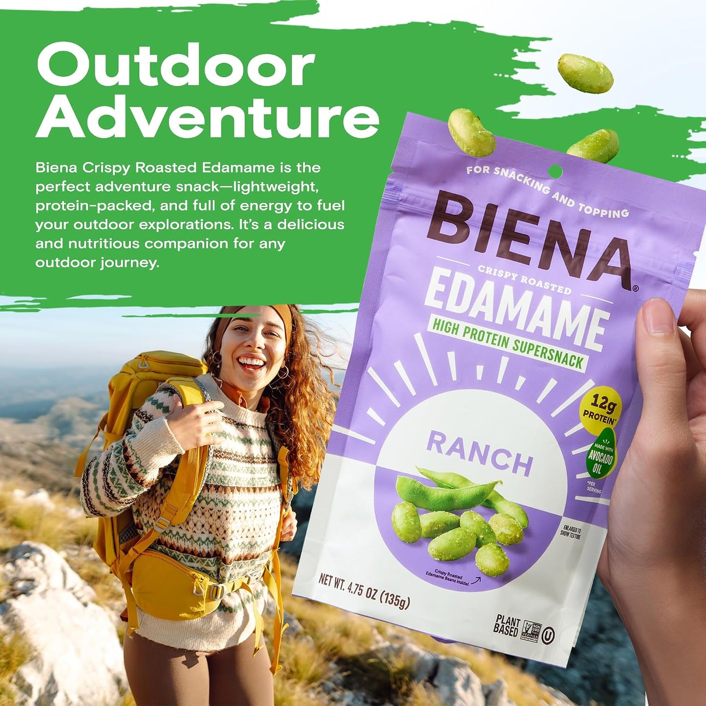 Biena Edamame Beans Snack (Ranch) – High Protein Snacks - 12g Protein per Serving - Crunchy Roasted Edamame Beans Made with Avocado Oil – Vegan, Low Carb, Gluten-Free – 4-Pack, 4.75oz Bags