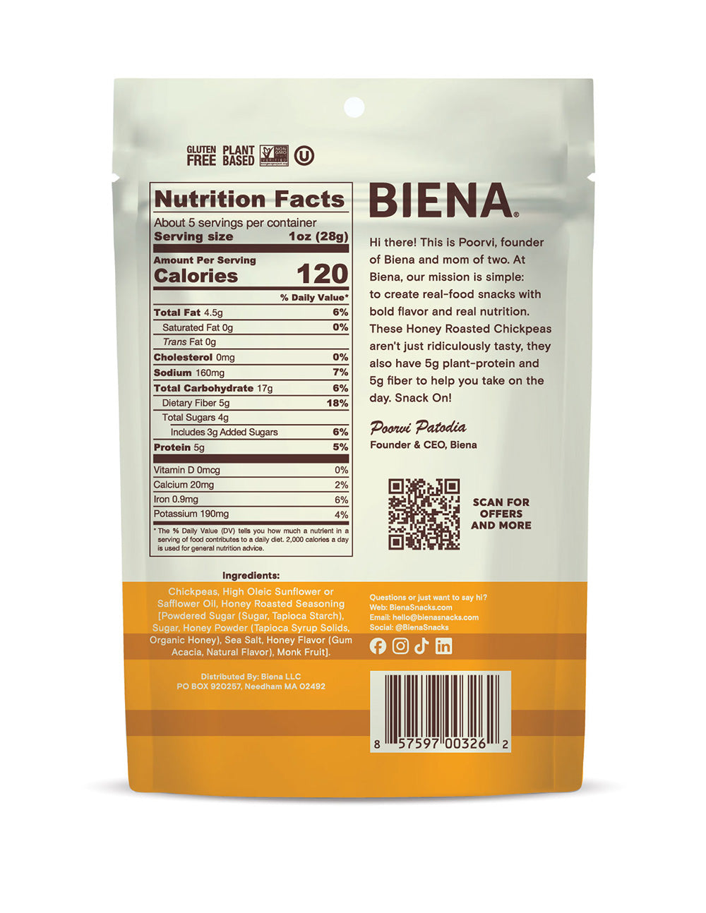 Back of Biena Honey Roasted Chickpeas 5oz bag
