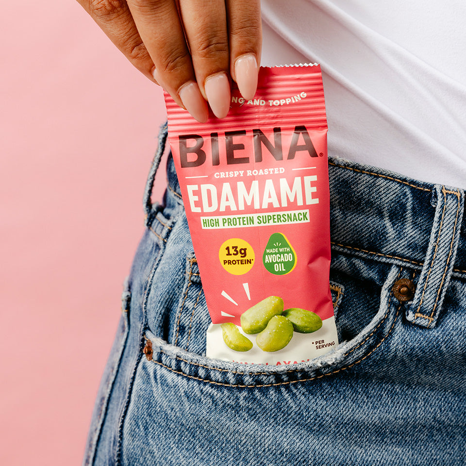 Bag of Biena Crispy Roasted Edamane Himalayan Sea Salt Snack pulled out of a pocket