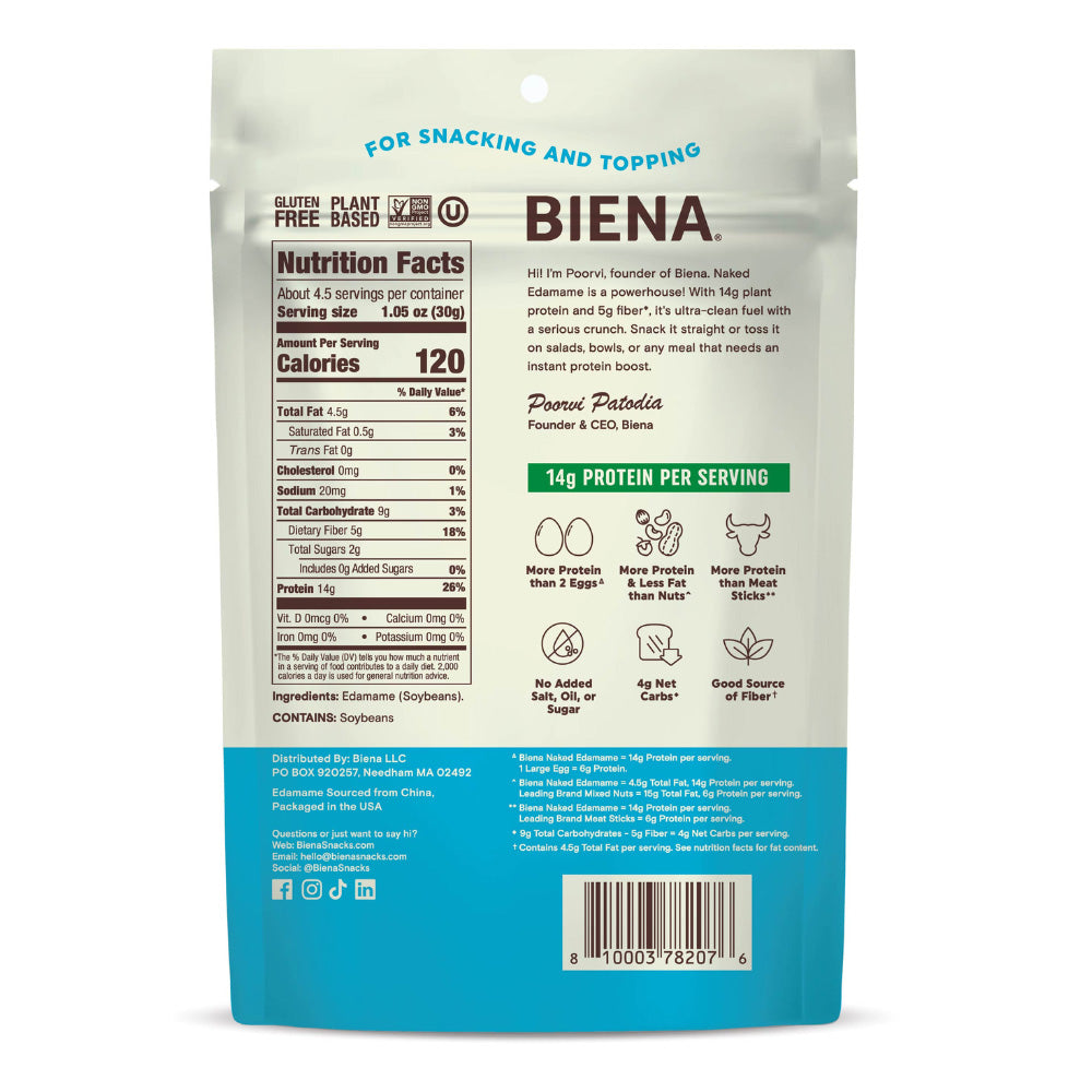 Back of the bag of Biena Crispy Roasted Edamame Naked No Salt Snacks