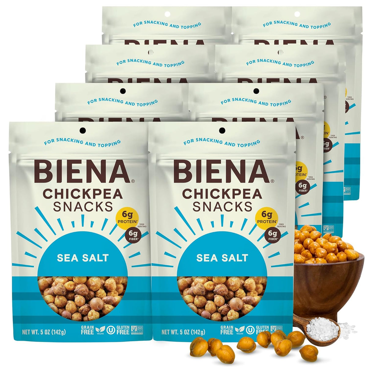 8 bags of Biena Sea Salt Chickpea Snacks next to a bowl of snacks and a spoonful of salt