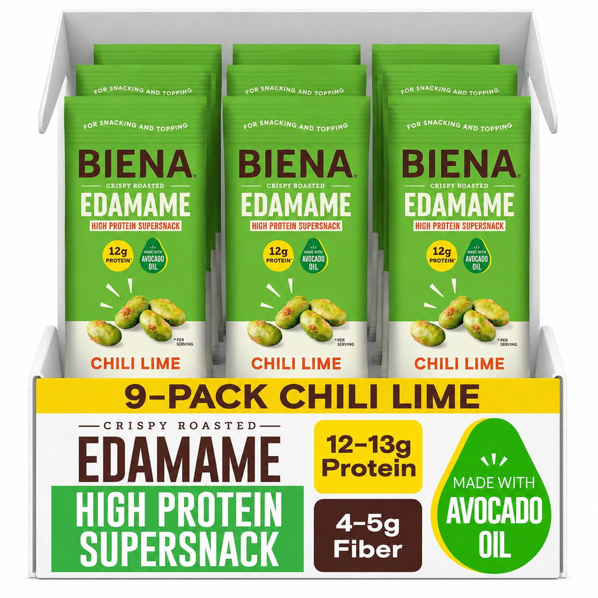 9 pack Chili Lime Crispy Edamame High Protein Supersnack made with Avocado Oil