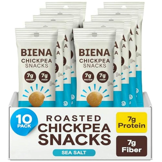 BIENA Chickpea Snacks - Crunchy Roasted Chickpeas - High Fiber Vegan Protein Snacks for Adults and Kids - 10-Pack, 1.2 Ounce Bags - Sea Salt