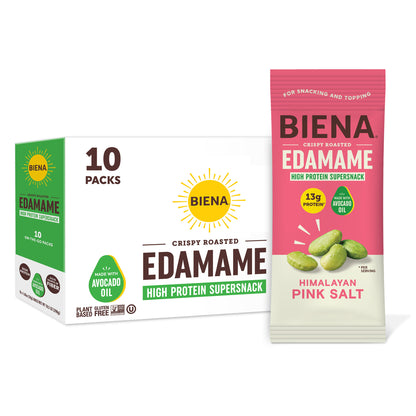 Front of 1 ounce bag of Biena Himalayan Pink Salt Crispy Roasted Edamame High Protein Supersnacks and 10ct Box