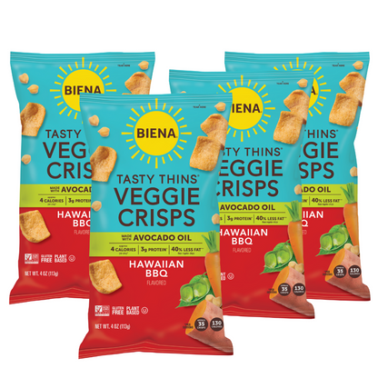 Four packages of Bienia veggie crisps Hawaiian BBQ on a white background.