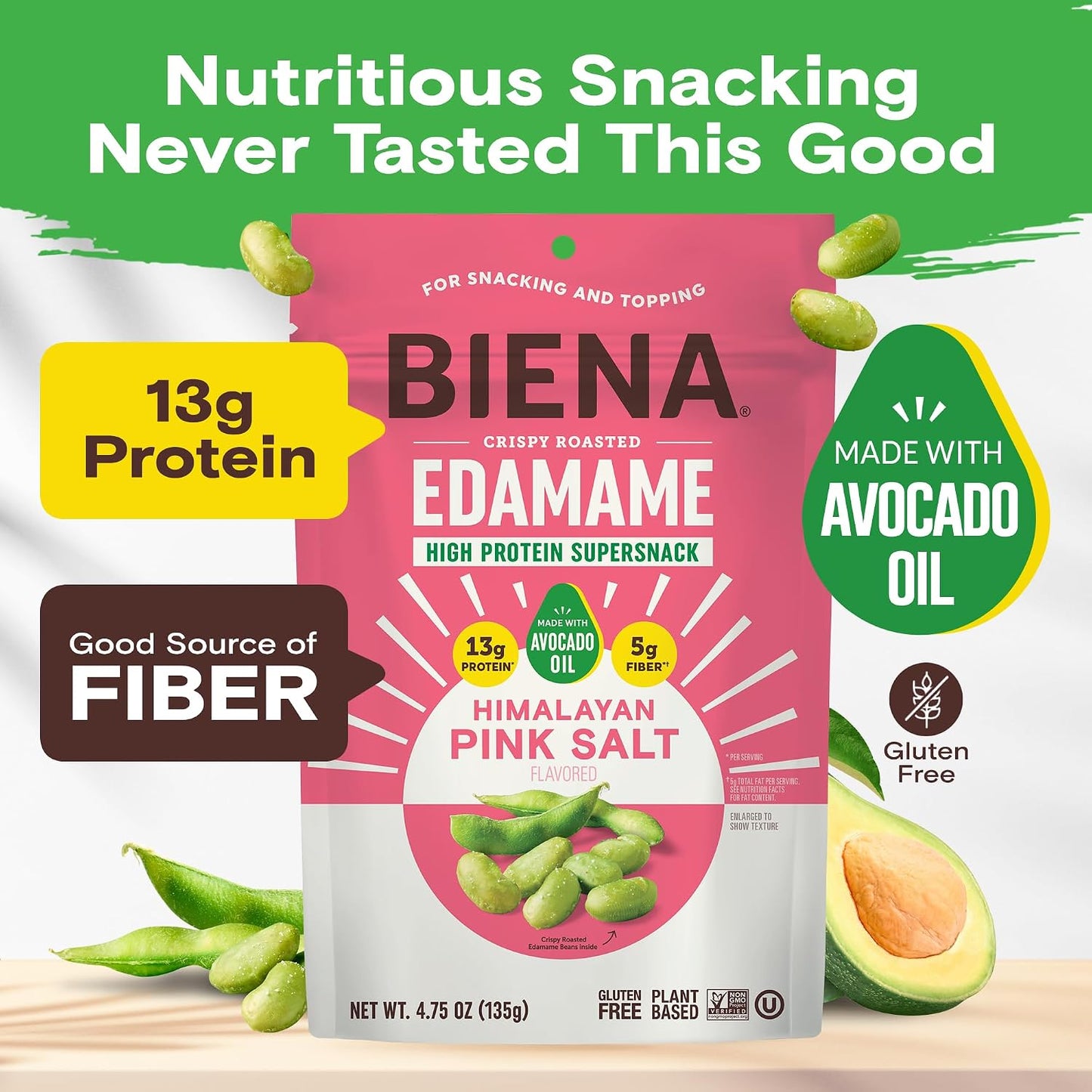 Biena Edamame Beans Snack High Protein Snacks – Healthy Office Snacks For Adults and Kids, 13g of Protein, 130 Low Calorie, Crunchy Edamame, Vegan, Low Carb, Gluten-Free, Himalayan Pink Salt, 4 pk, 4.75oz Bag