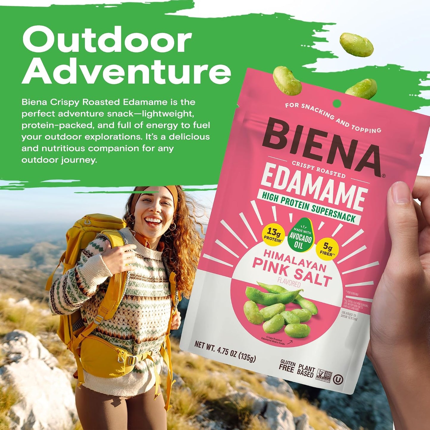 Biena Edamame Beans Snack High Protein Snacks – Healthy Office Snacks For Adults and Kids, 13g of Protein, 130 Low Calorie, Crunchy Edamame, Vegan, Low Carb, Gluten-Free, Himalayan Pink Salt, 4 pk, 4.75oz Bag