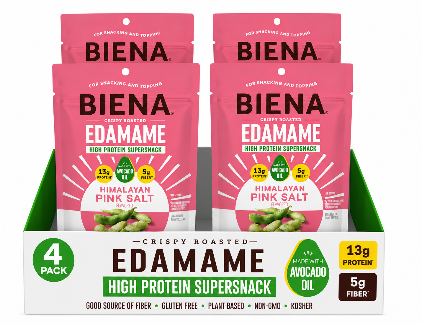 Biena Edamame Beans Snack High Protein Snacks – Healthy Office Snacks For Adults and Kids, 13g of Protein, 130 Low Calorie, Crunchy Edamame, Vegan, Low Carb, Gluten-Free, Himalayan Pink Salt, 4 pk, 4.75oz Bag