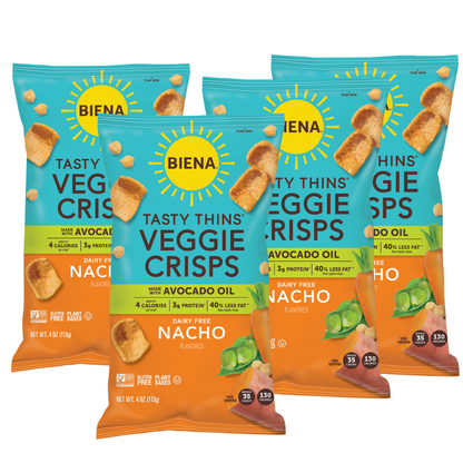 Four packages of Biena Nacho veggie crisps on a white background