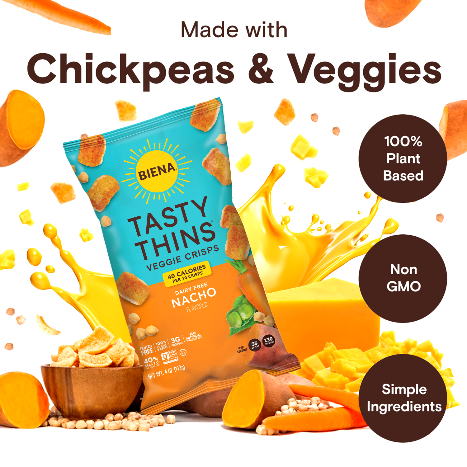 Nacho Tasty Thins are made with Chickpeas & Veggies