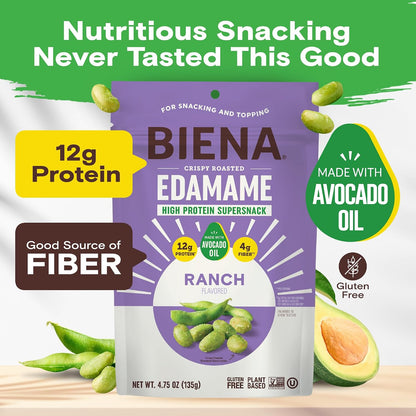 Biena Edamame Beans Snack (Ranch) – High Protein Snacks - 12g Protein per Serving - Crunchy Roasted Edamame Beans Made with Avocado Oil – Vegan, Low Carb, Gluten-Free – 4-Pack, 4.75oz Bags