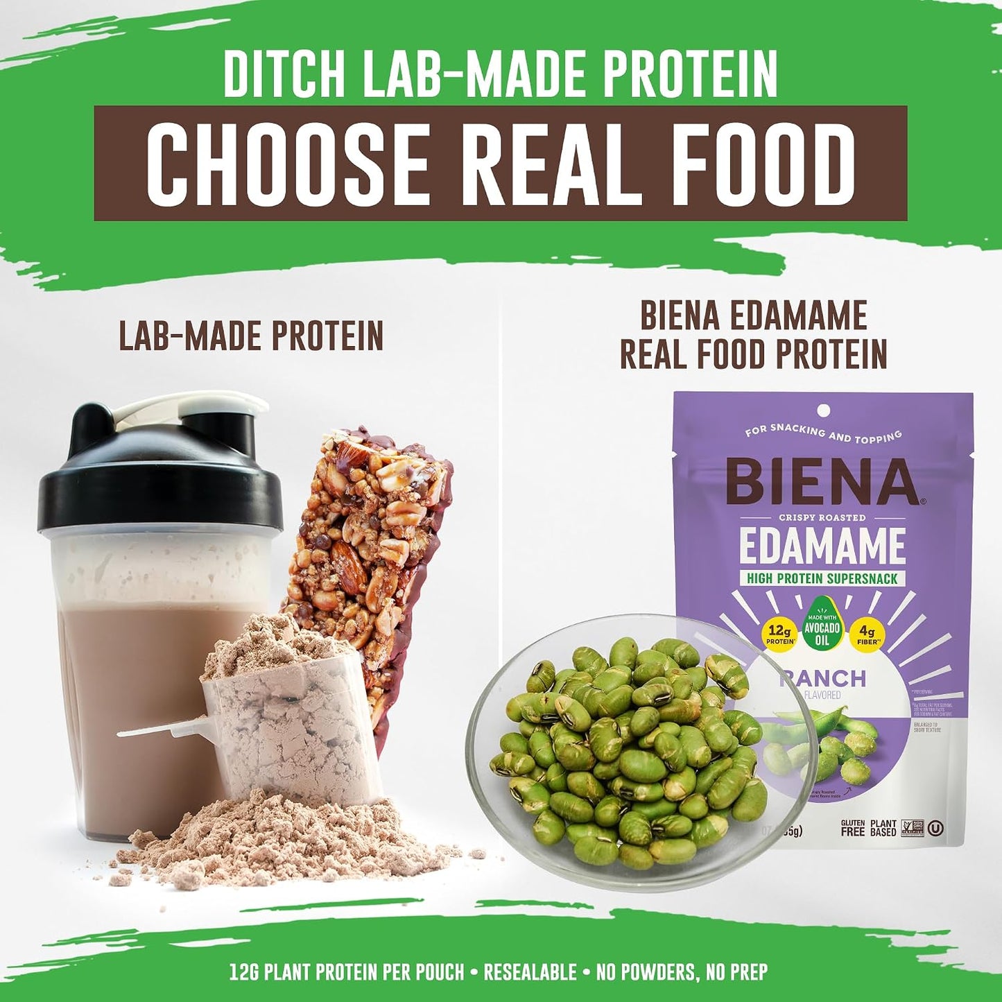 Biena Edamame Beans Snack (Ranch) – High Protein Snacks - 12g Protein per Serving - Crunchy Roasted Edamame Beans Made with Avocado Oil – Vegan, Low Carb, Gluten-Free – 4-Pack, 4.75oz Bags