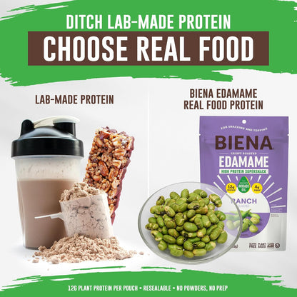 Biena Edamame Beans Snack (Ranch) – High Protein Snacks - 12g Protein per Serving - Crunchy Roasted Edamame Beans Made with Avocado Oil – Vegan, Low Carb, Gluten-Free – 4-Pack, 4.75oz Bags