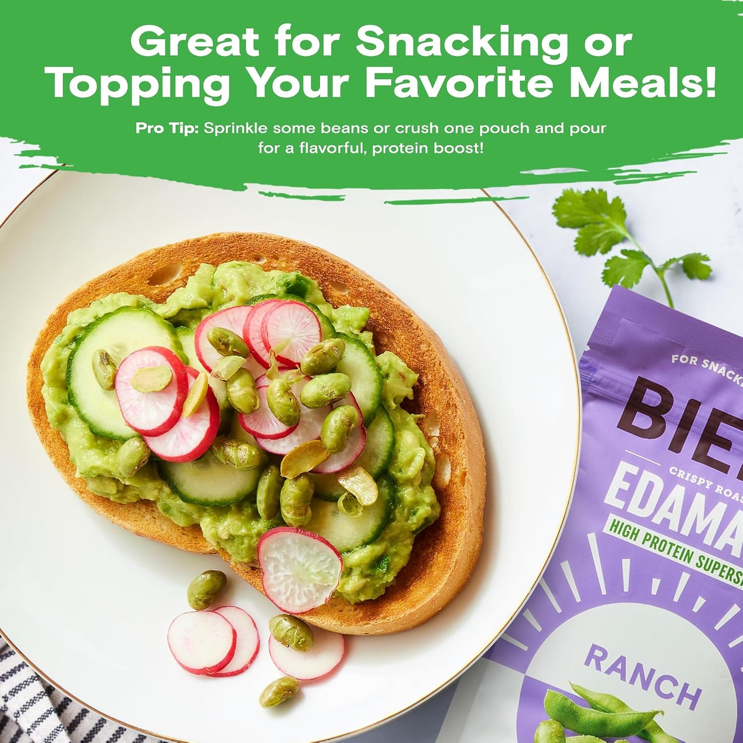 Biena Edamame Beans Snack (Ranch) – High Protein Snacks - 12g Protein per Serving - Crunchy Roasted Edamame Beans Made with Avocado Oil – Vegan, Low Carb, Gluten-Free – 4-Pack, 4.75oz Bags