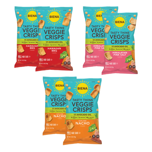 Six packages of Biena Veggie Crisps in different flavors on a white background