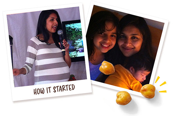 Two photos of Poorvi Patdoai including one with her daughter saying How It Started