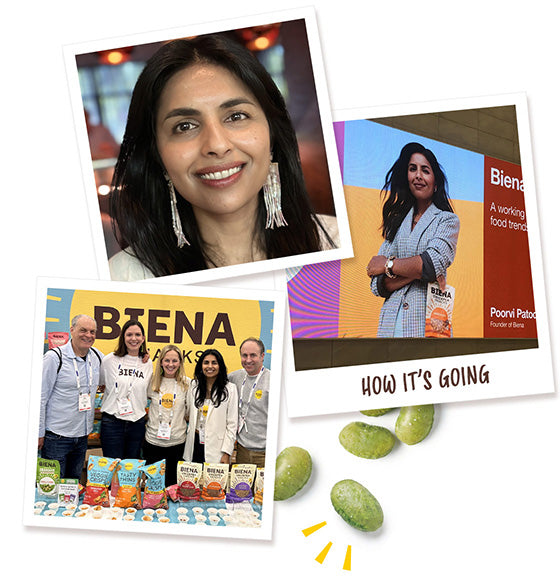 3 Photos of Poorvia Patodia along with a Biena Snacks team photo saying How It's Going