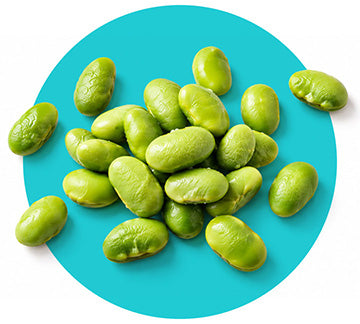 Batch of Edamame Snacks behind a teal circular background