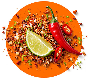 Line and Chili Pepper and a bunch of crumbs behind a orange circular background
