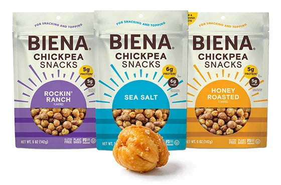 Biena Chickpea Snacks in Rockin' Ranch, Sea Salt and Honey Roasted with a chickpea in front,