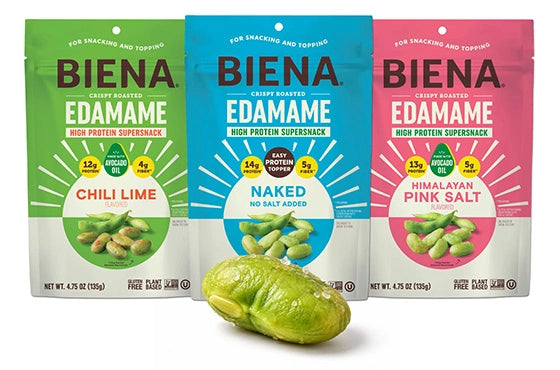 Biena Crispy Edamame snacks in Chile Lime, Naked and Himilayan Pink Salt with an edamame in front.