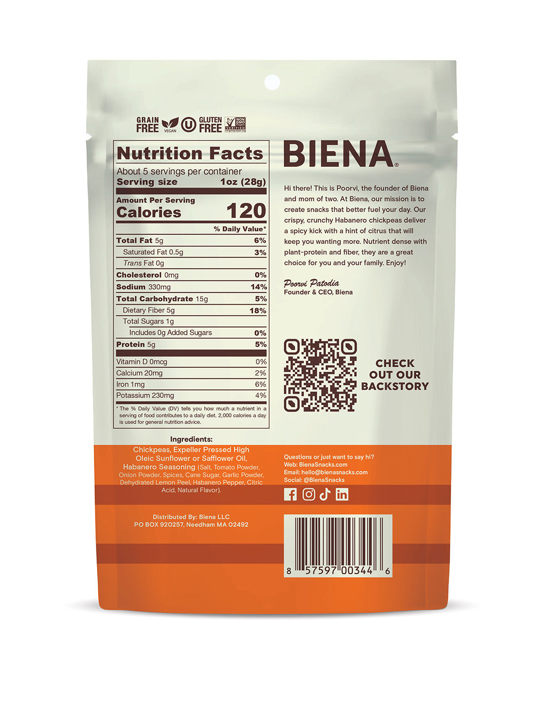 Back of Bag of BIena Habanero Chickpea Snacks