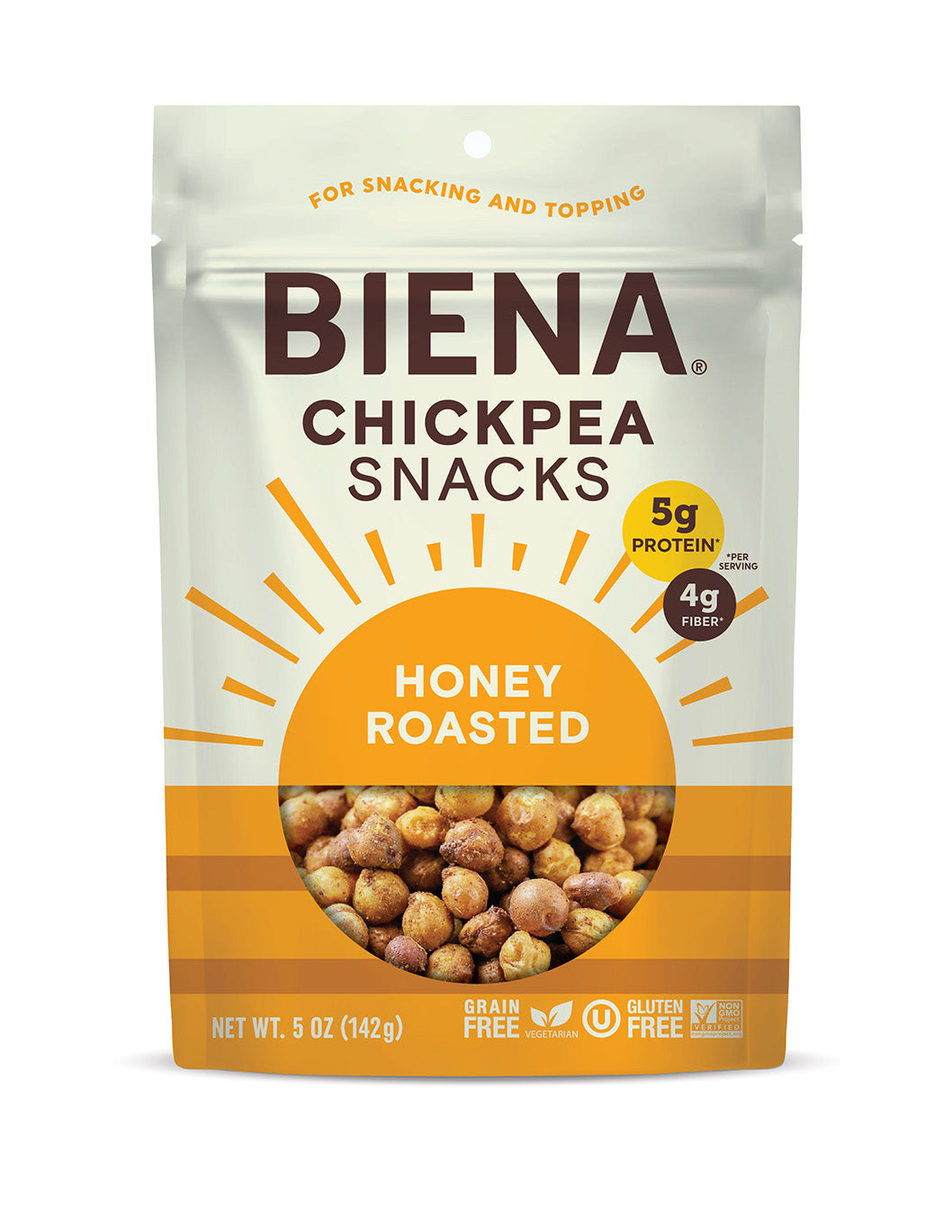 Front of Bag of BIena Honey Roasted Chickpea Snacks