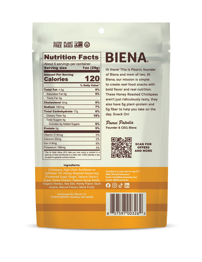 Back of Biena Honey Roasted Chickpeas 5oz bag