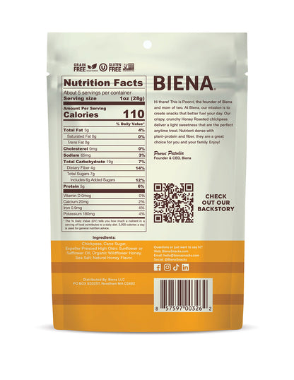 Back of Bag of BIena Honey Roasted Chickpea Snacks