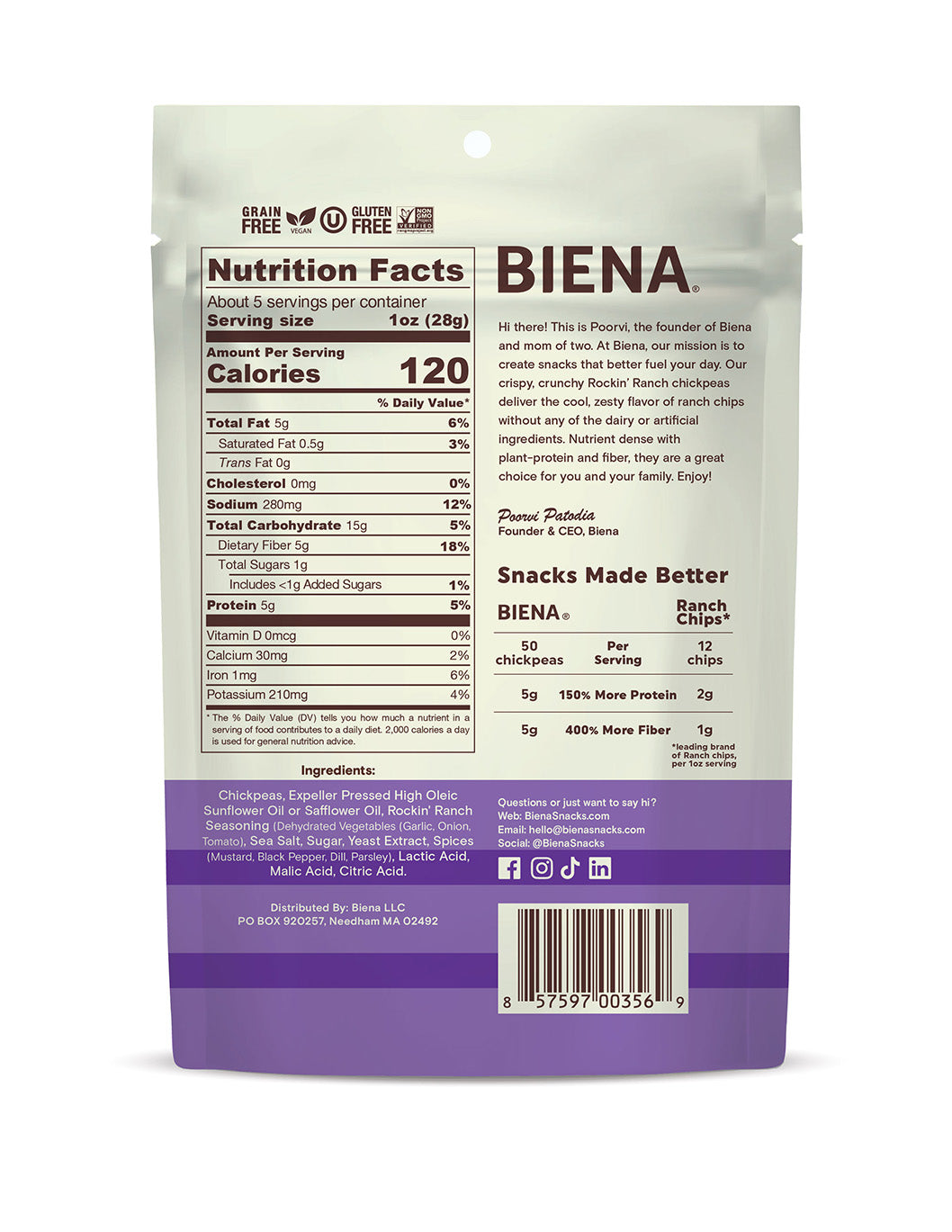 Back of Bag of BIena Rockin Ranch Chickpea Snacks