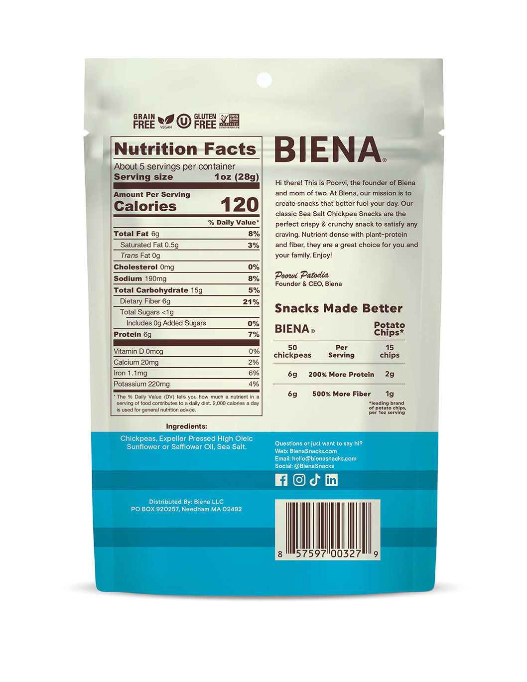 Back of Bag of BIena Sea Salt Chickpea Snacks