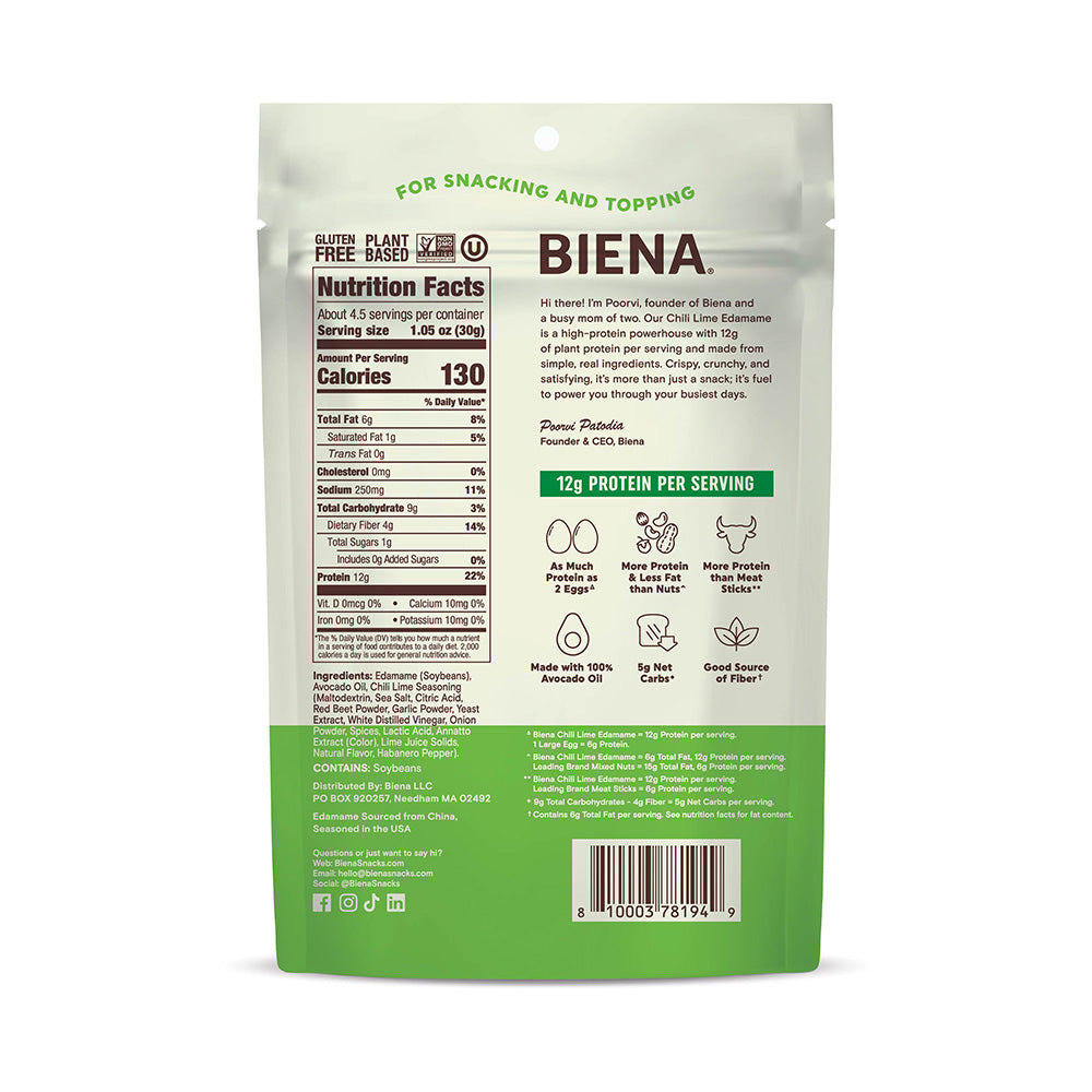 Back of the bag of Biena Crispy Roasted Edamame Chili Lime Snacks