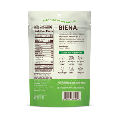 Back of the bag of Biena Crispy Roasted Edamame Chili Lime Snacks