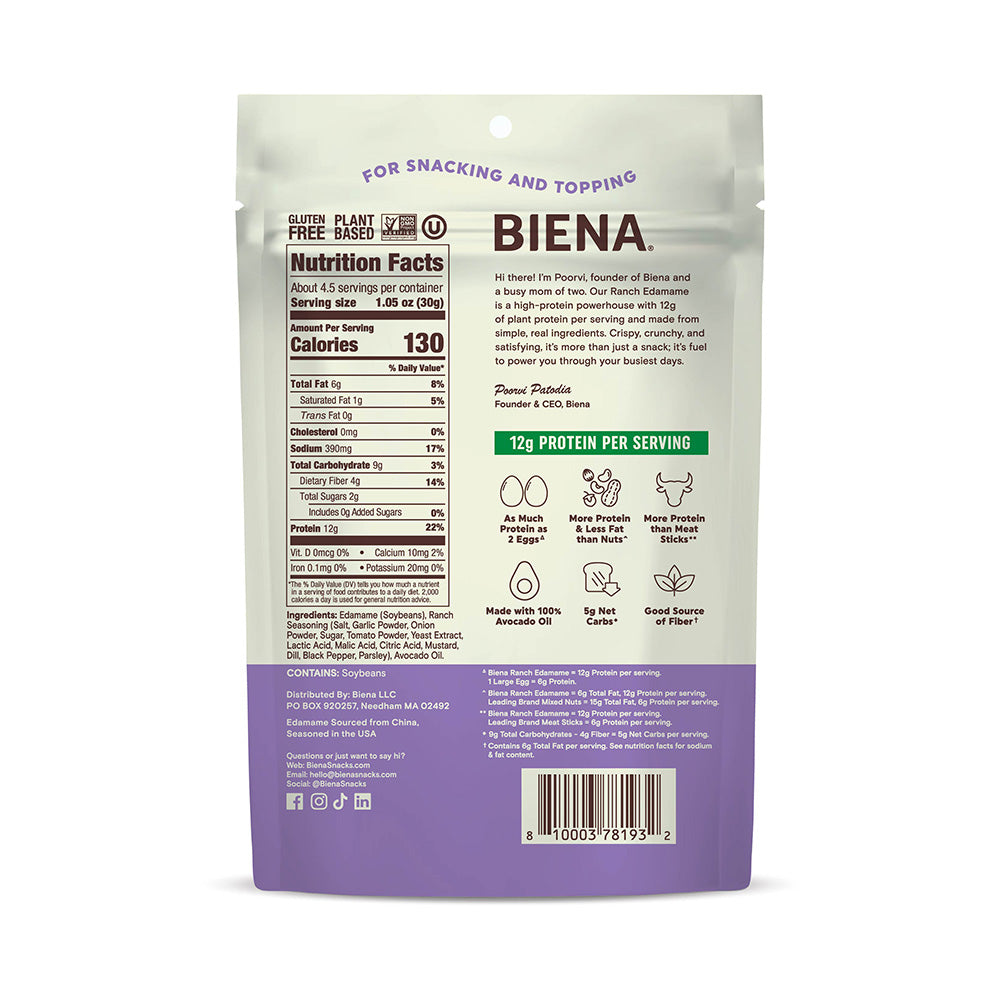 Back of the bag of Biena Crispy Roasted Edamame Ranch Snacks