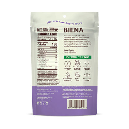 Back of the bag of Biena Crispy Roasted Edamame Ranch Snacks