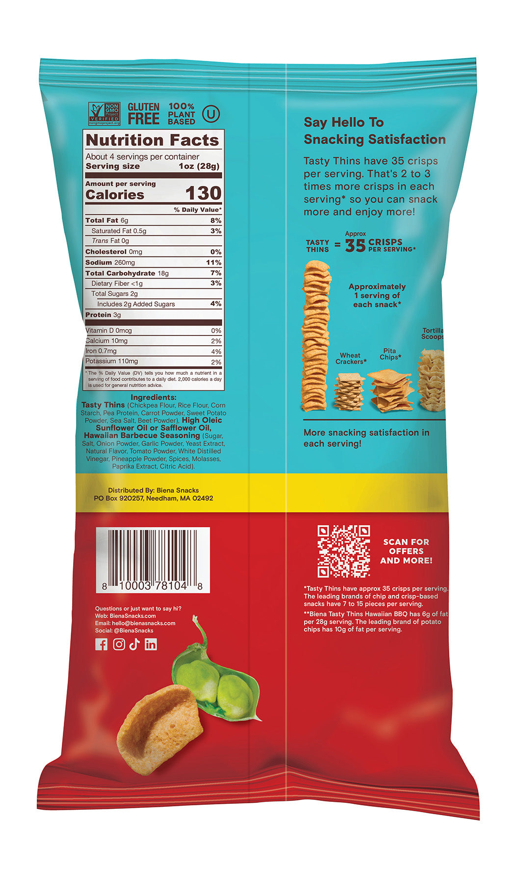 Back of Bag of BIena Tasty Thins Veggie Crisps Hawaiian BBQ