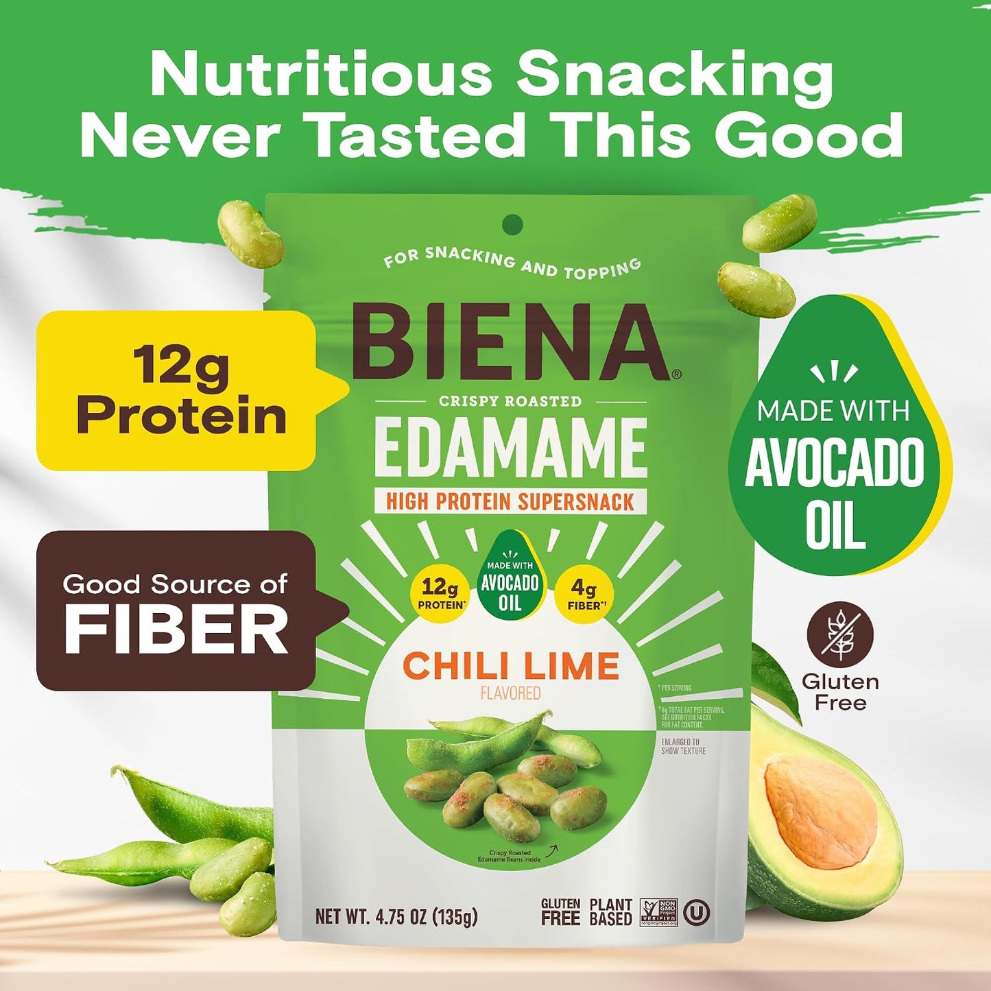 Biena Edamame Beans Snack High Protein Snacks – Healthy Office Snacks For Adults and Kids, 13g of Protein, 130 Low Calorie, Crunchy Edamame, Vegan, Low Carb, Gluten-Free, Chili Lime, 4 pk, 4.75oz Bag